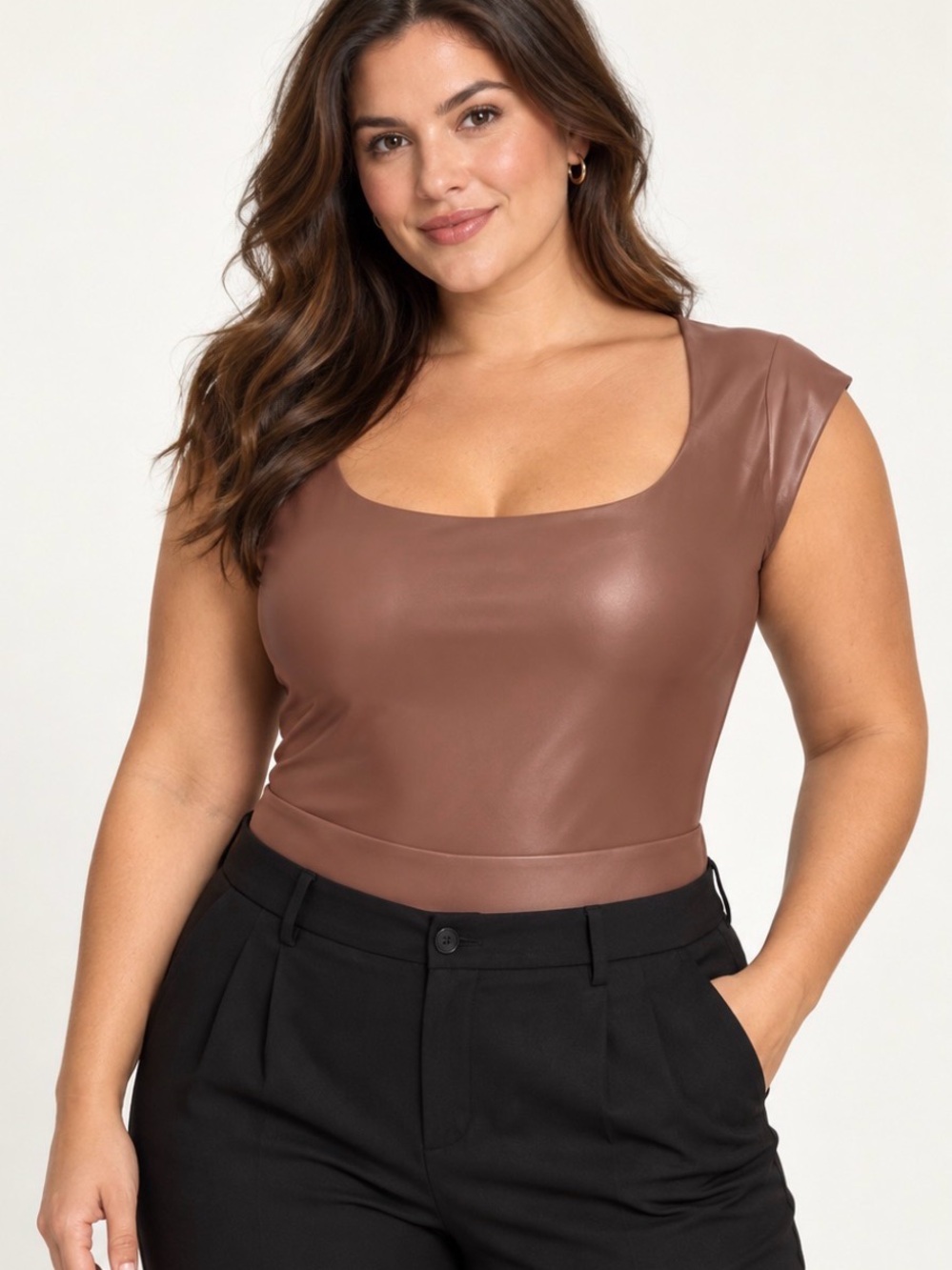 Express Faux-Leather Scoop-Neck Tank Top in Brown